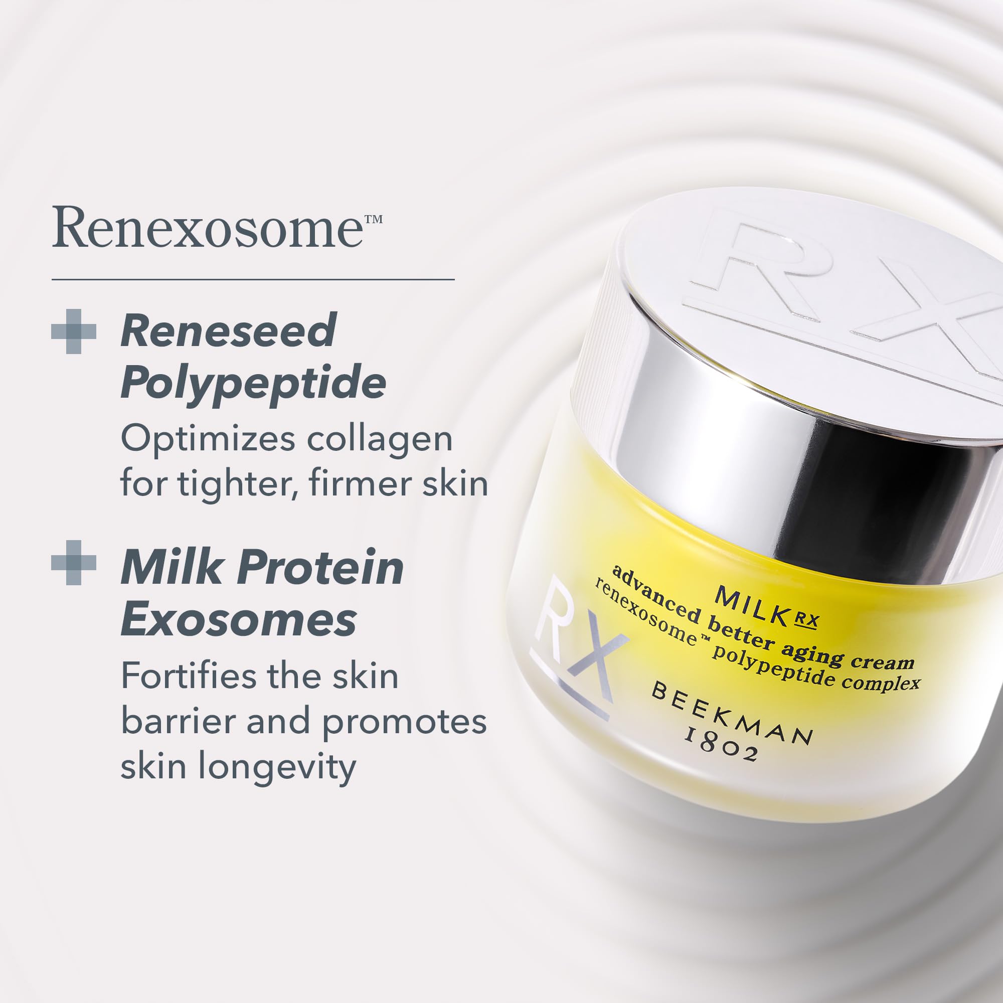 Beekman 1802 Milk RX cream texture close-up for smooth, gentle application