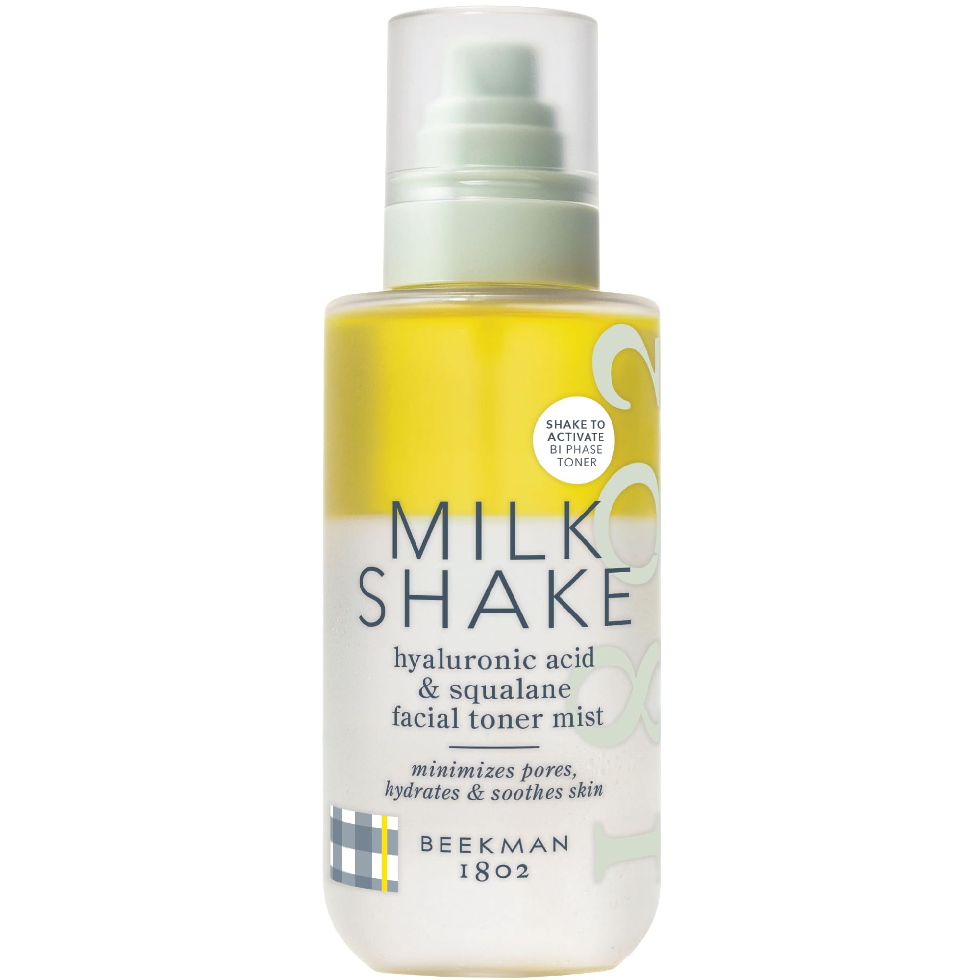 Beekman 1802 Milk Shake bottle closeup highlighting fragrance-free hydration for sensitive skin