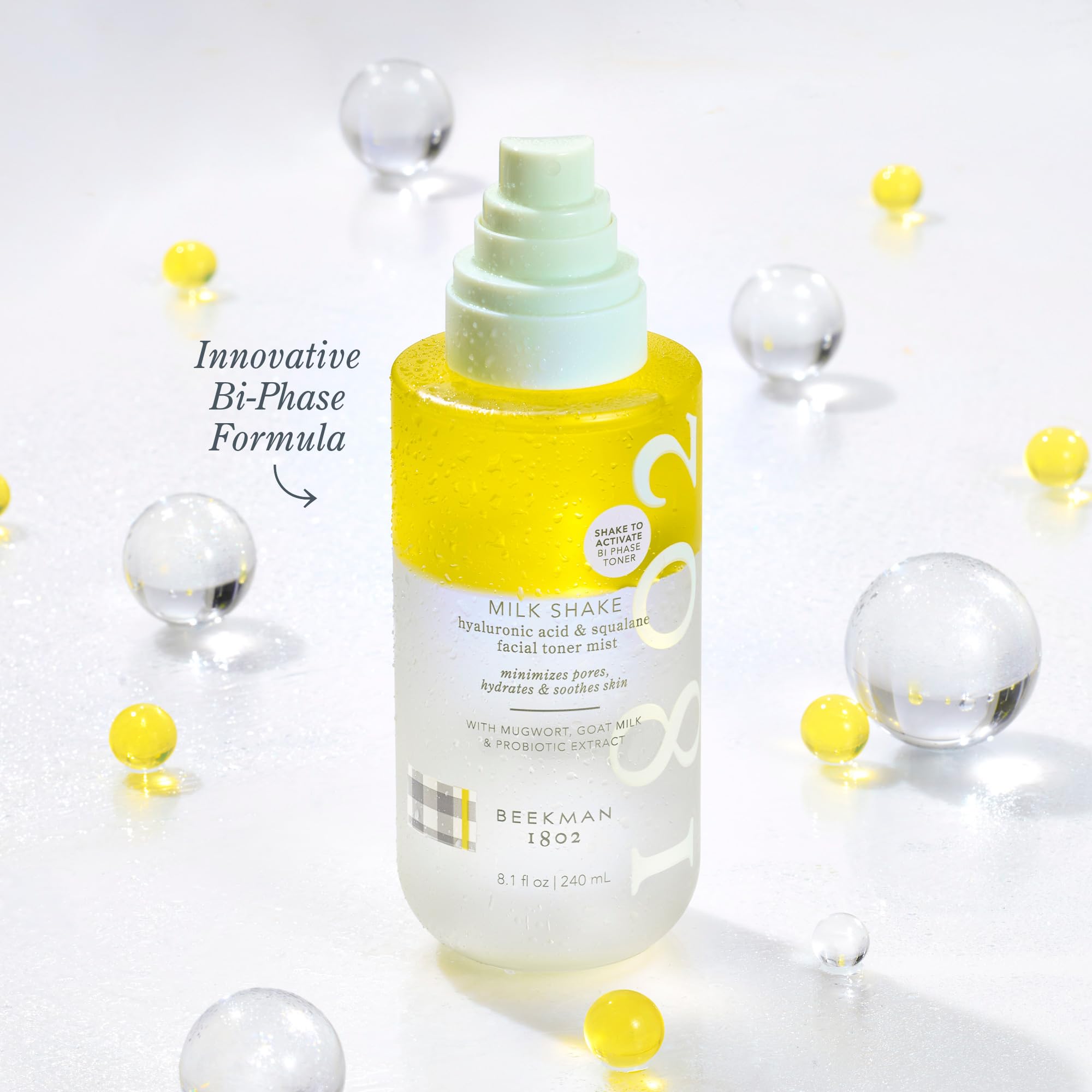 Beekman 1802 Milk Shake Mini Face Mist mid-application demonstrates quick, light hydration.