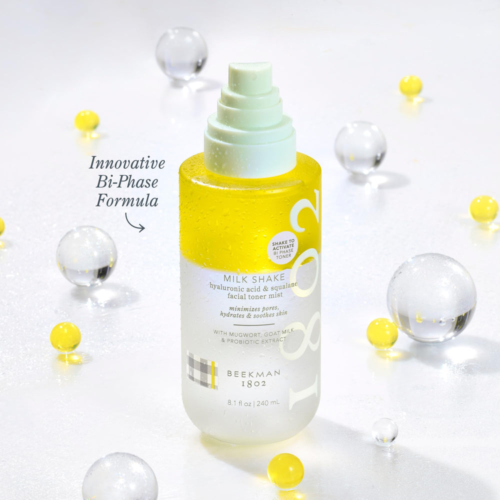Beekman 1802 Milk Shake Mini Face Mist mid-application demonstrates quick, light hydration.