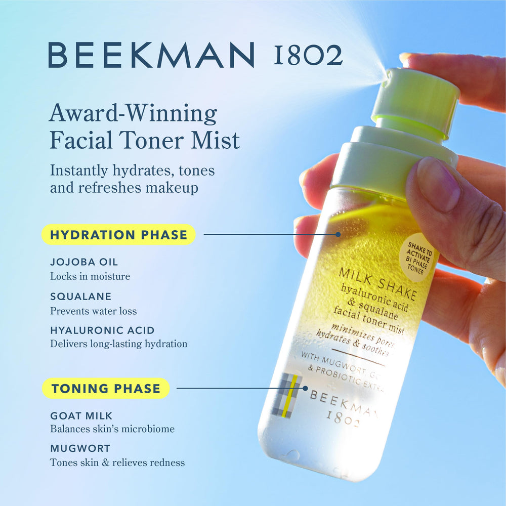 Beekman 1802 Milk Shake Mini Face Mist label close-up highlighting fragrance-free formula.