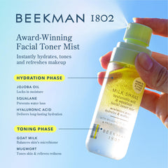 Beekman 1802 Milk Shake Mini Face Mist label close-up highlighting fragrance-free formula.