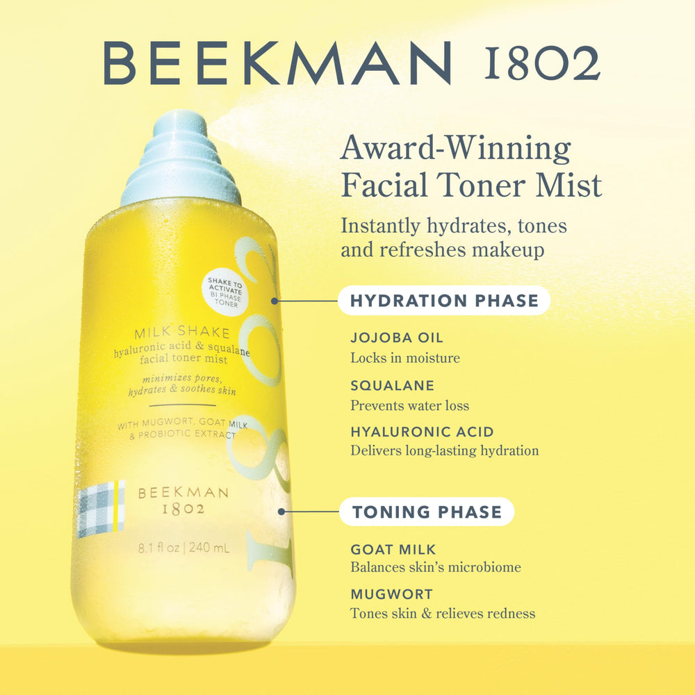Beekman 1802 Milk Shake mist spray demonstrates easy, refreshing application for daily skincare