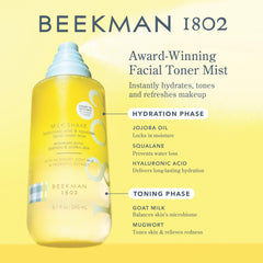 Beekman 1802 Milk Shake mist spray demonstrates easy, refreshing application for daily skincare