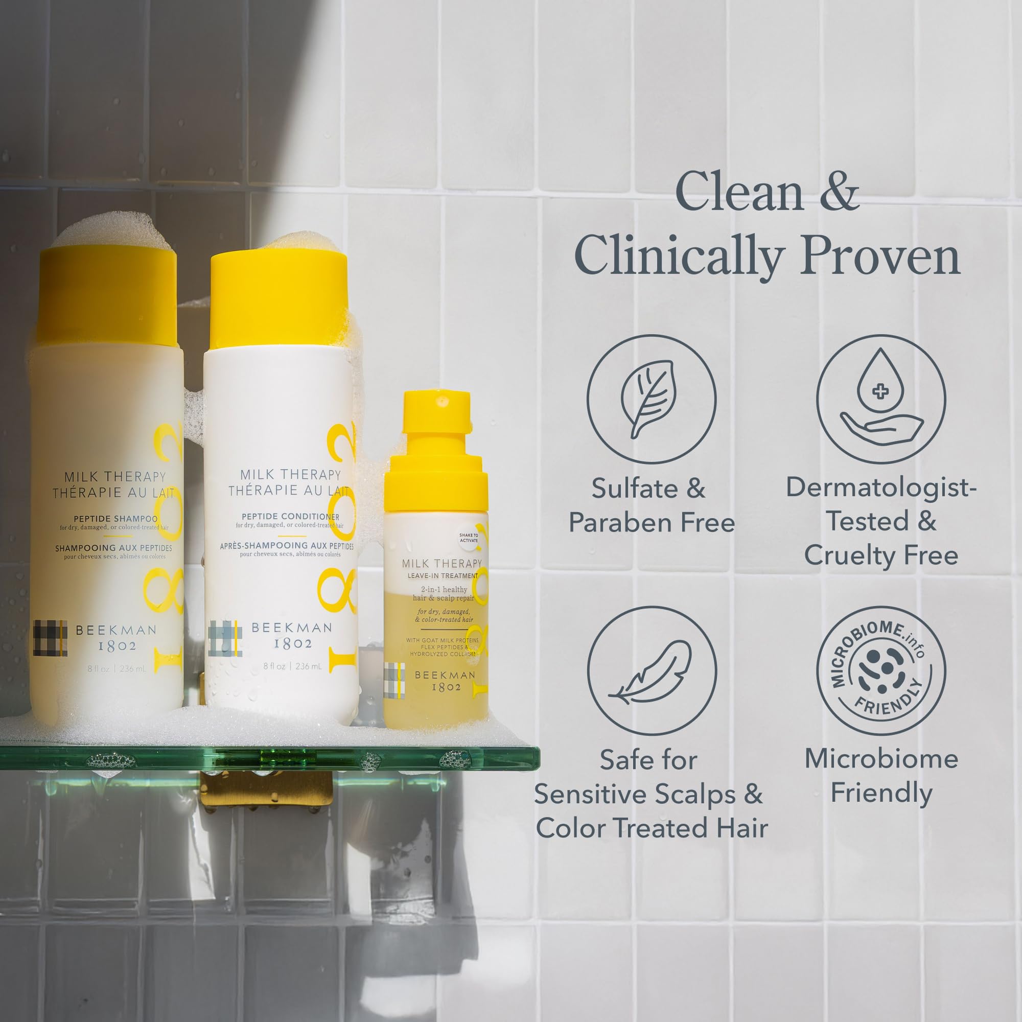 Beekman 1802 Milk Therapy Peptide Shampoo goat milk ingredients visual suggests nourishing minerals.