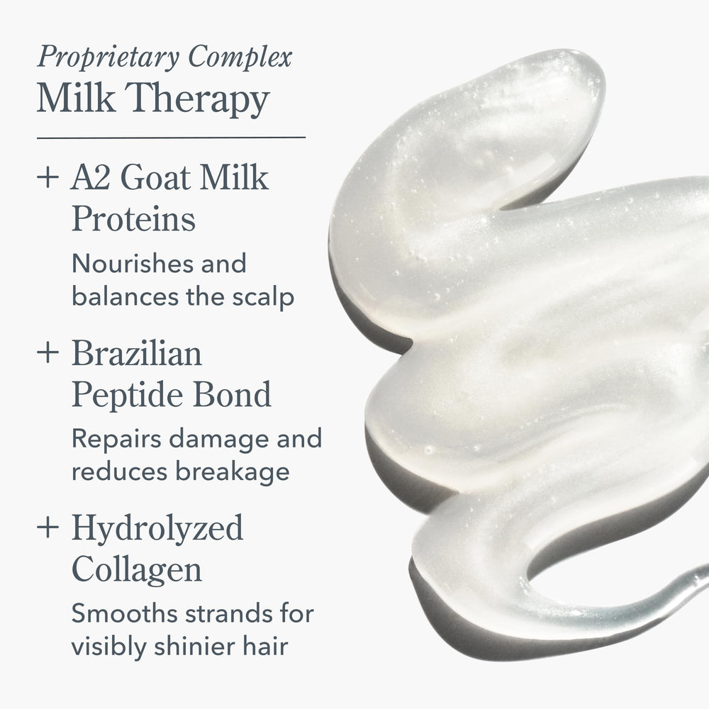 Beekman 1802 Milk Therapy Peptide Shampoo lathering on hair for repair and smoothness.