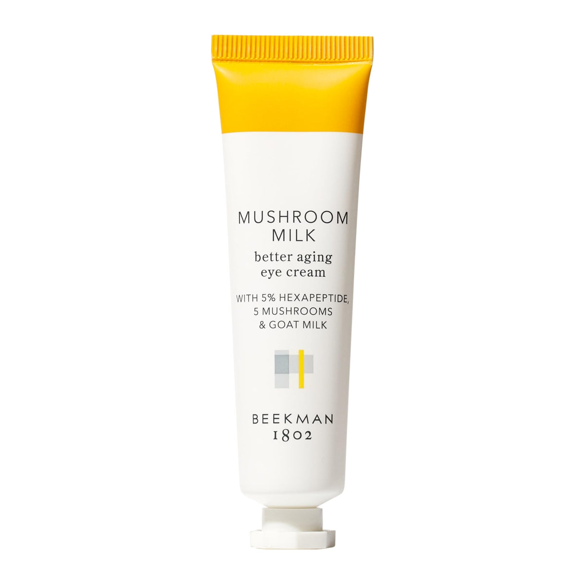 Beekman 1802 Mushroom Goat Milk Eye Cream tube showing easy, hydrating under-eye application
