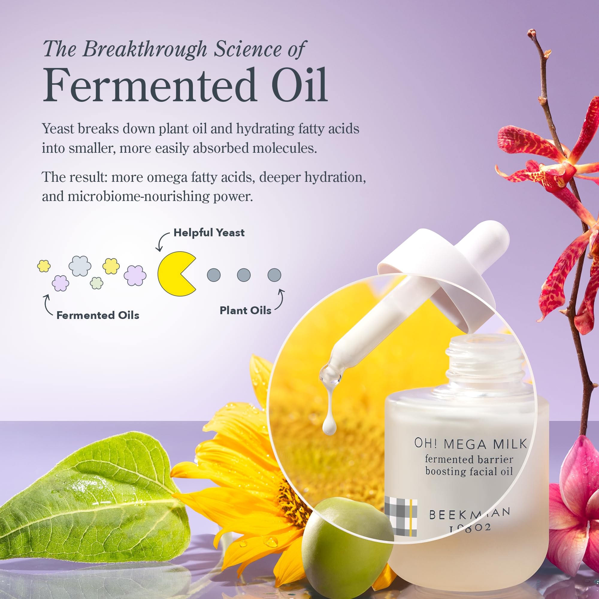 Beekman 1802 Oh! Mega Milky Oil goat milk balance illustrates gentle nourishment for sensitive skin.