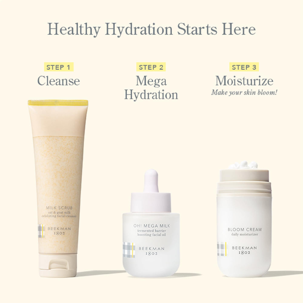 Beekman 1802 Oh! Mega Milky Oil skin barrier concept shows protective hydration.