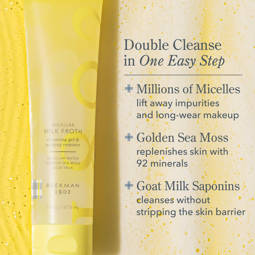 Beekman 1802 skincare routine scene with cleanser ready for cleansing.