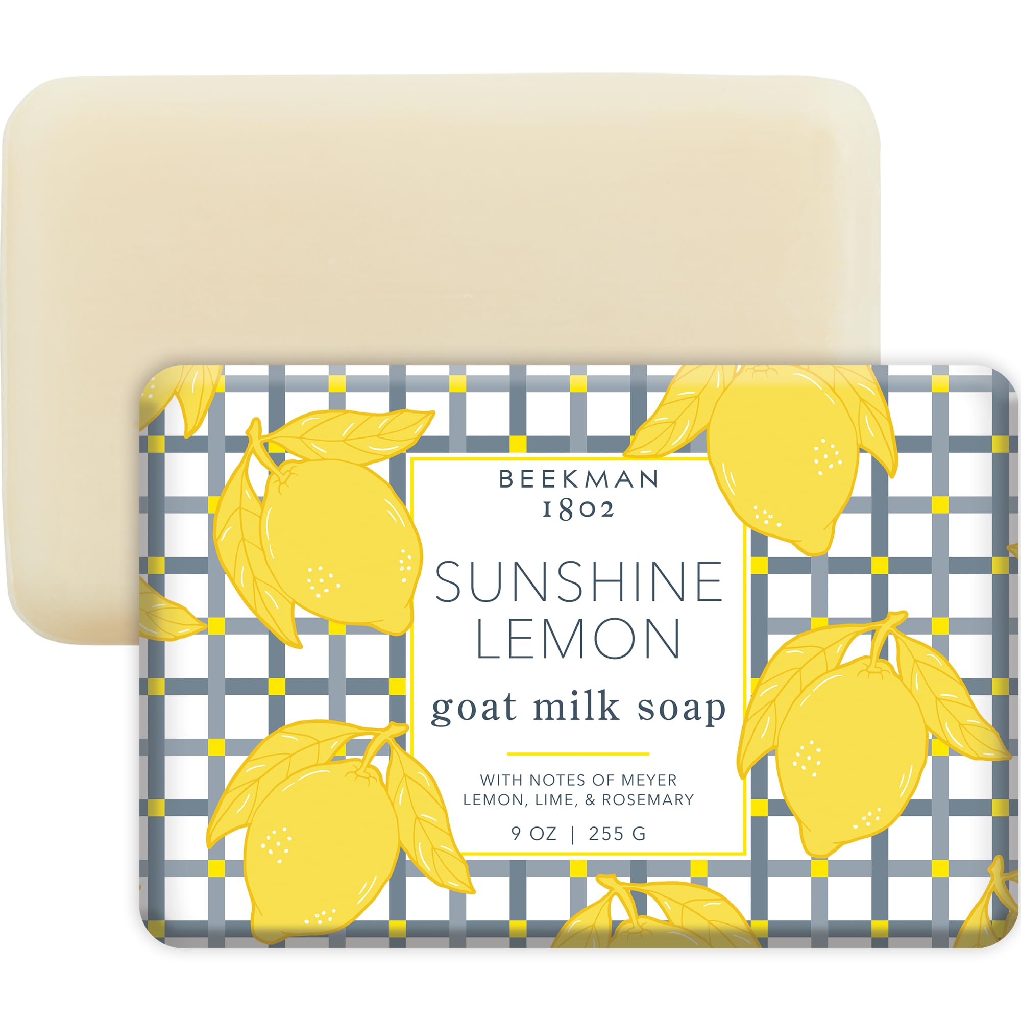 Beekman 1802 Sunshine Lemon goat milk soap bar, unwrapped, creamy lather for sensitive skin