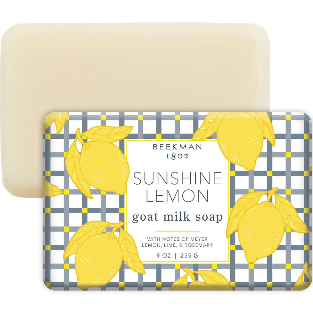 Beekman 1802 Sunshine Lemon goat milk soap bar, unwrapped, creamy lather for sensitive skin