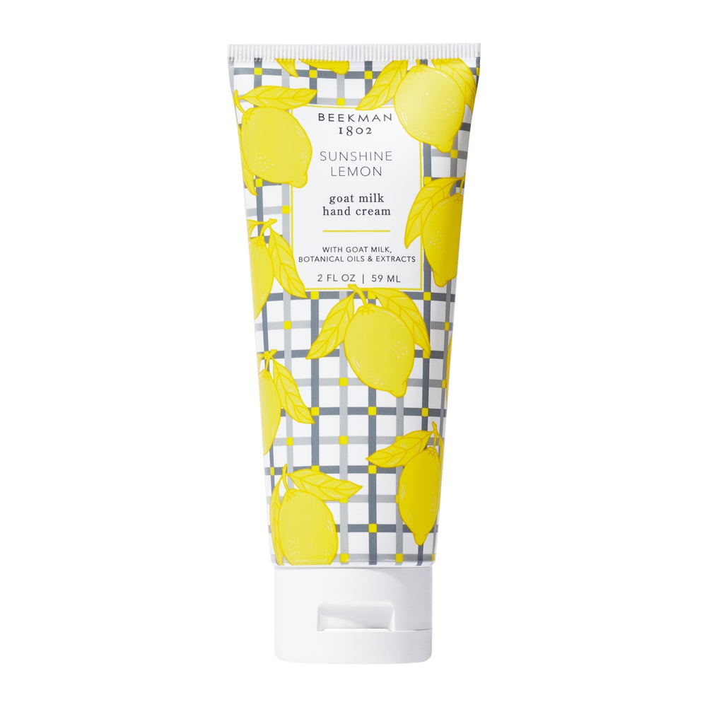 Beekman 1802 Sunshine Lemon Hand Cream bottle shows non-greasy hydration for hands