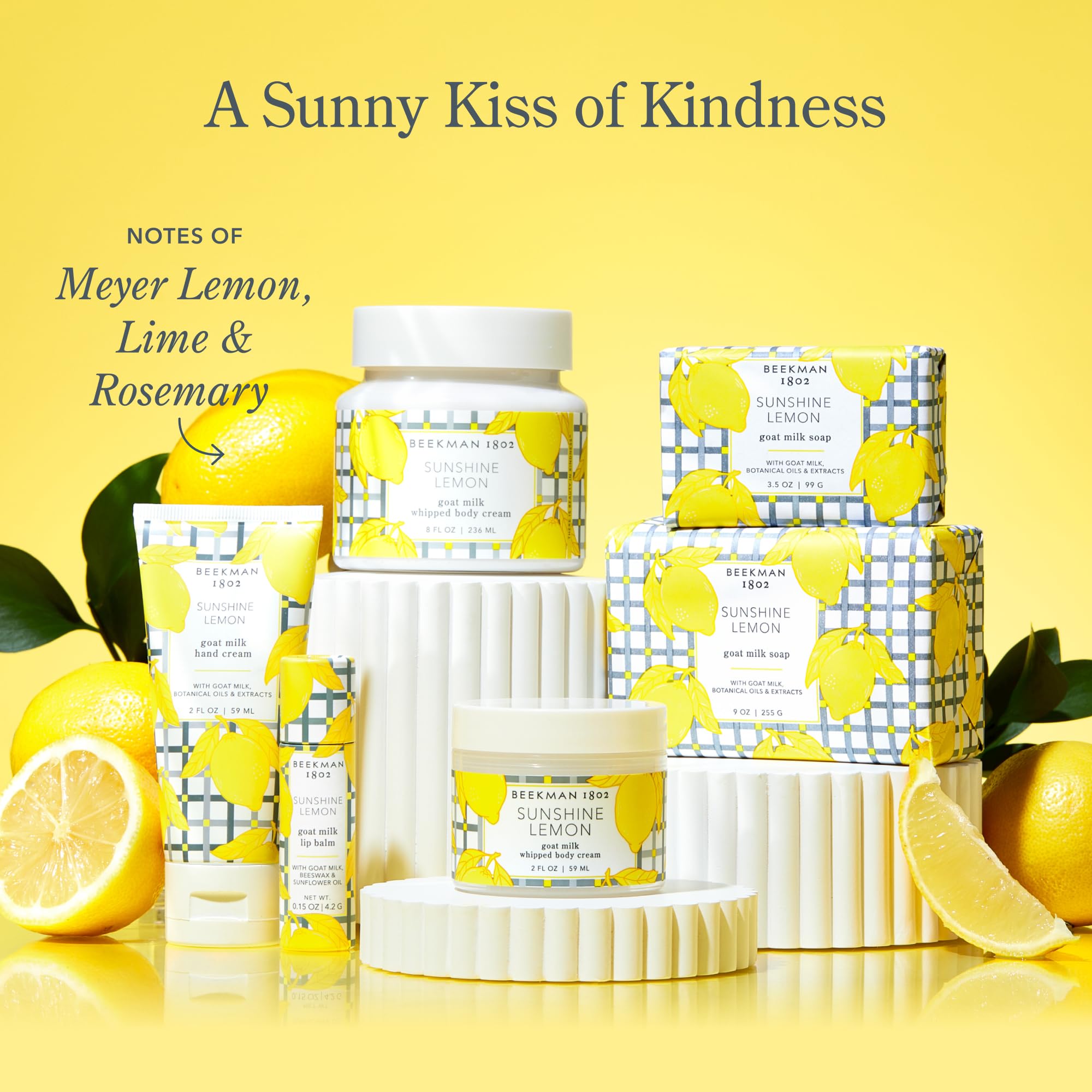 Beekman 1802 Sunshine Lemon scent for refreshing cleanse.