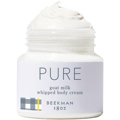 Beekman 1802 whipped body butter jar closeup shows rich, hydrating formula