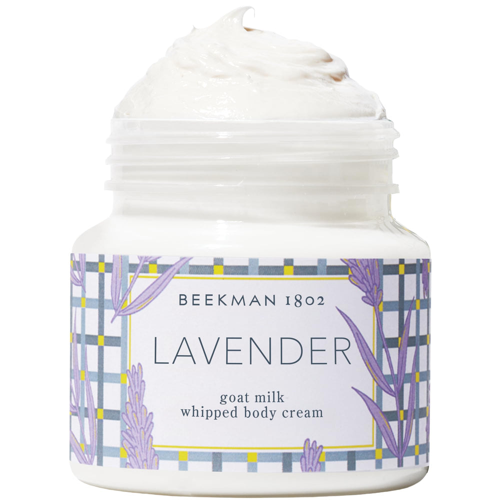 Beekman 1802 whipped body cream bottle demonstrates deep hydration for silky skin.