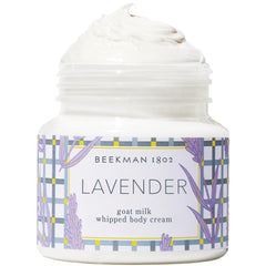 Beekman 1802 whipped body cream bottle demonstrates deep hydration for silky skin.