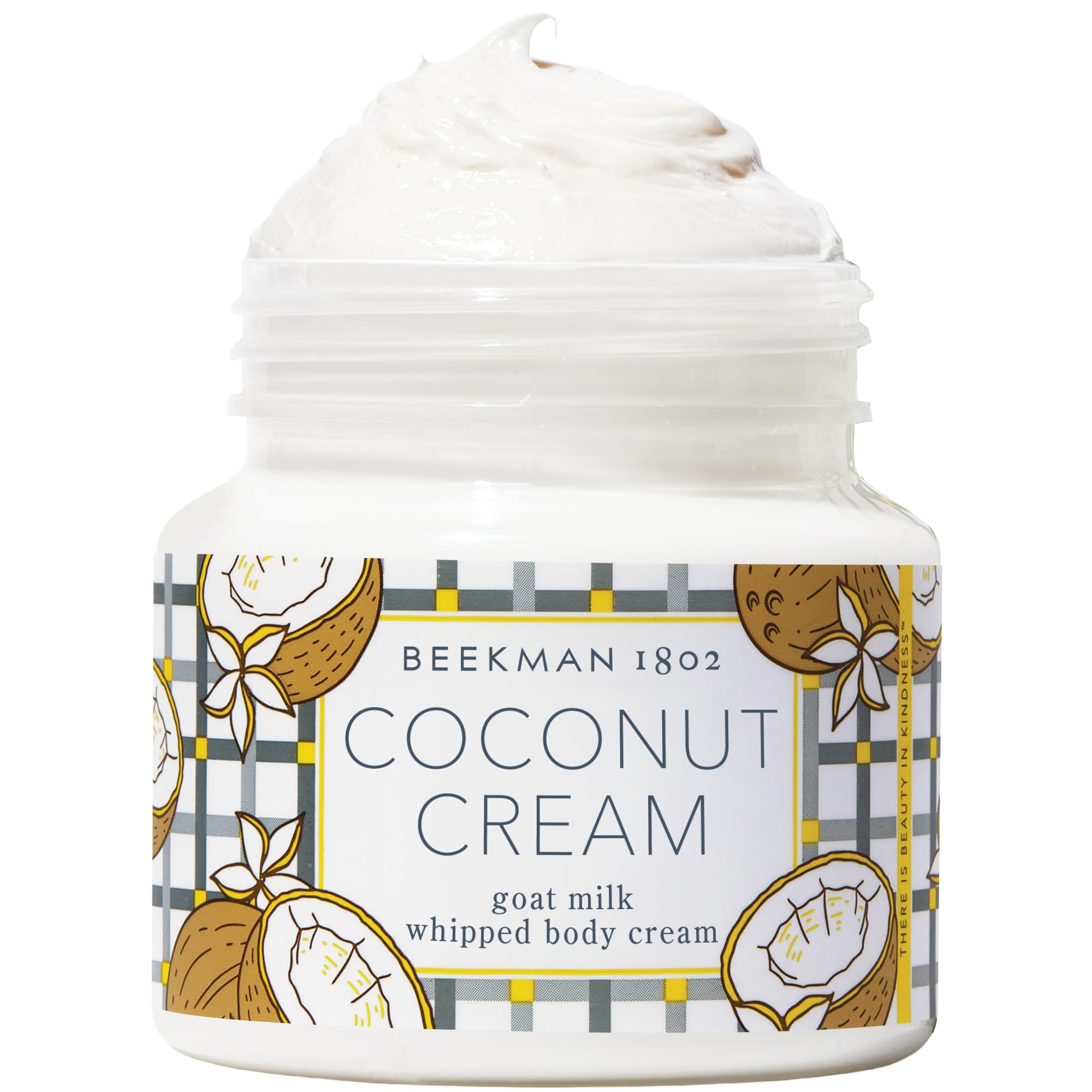 Beekman 1802 whipped body cream jar closeup for deep hydration.