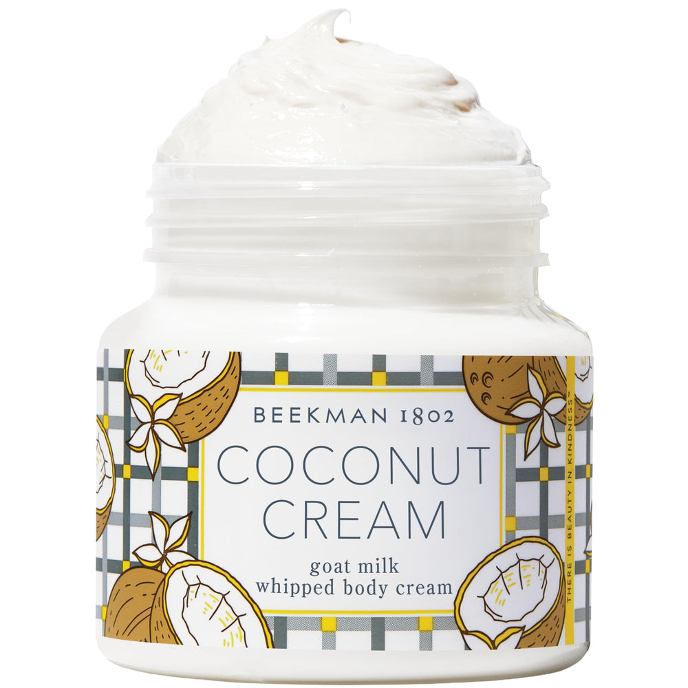 Beekman 1802 whipped body cream jar closeup for deep hydration.