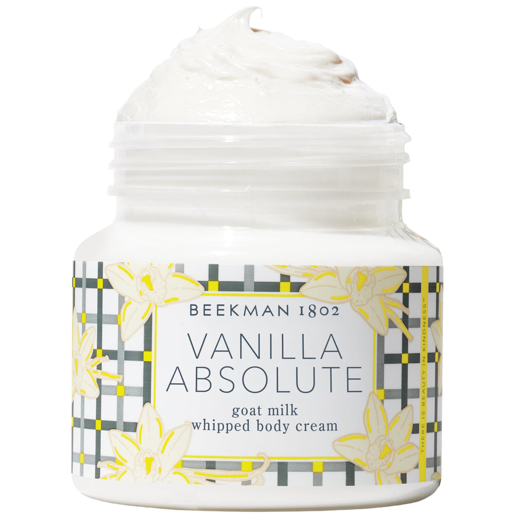 Beekman 1802 Whipped Body Cream vanilla absolute jar for long-lasting moisture on dry skin.
