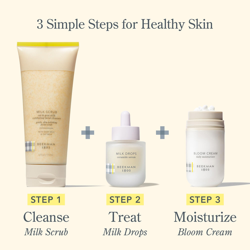 Beekman 1802 clinically-kind stamp signals cruelty-free, dermatology-friendly skincare.