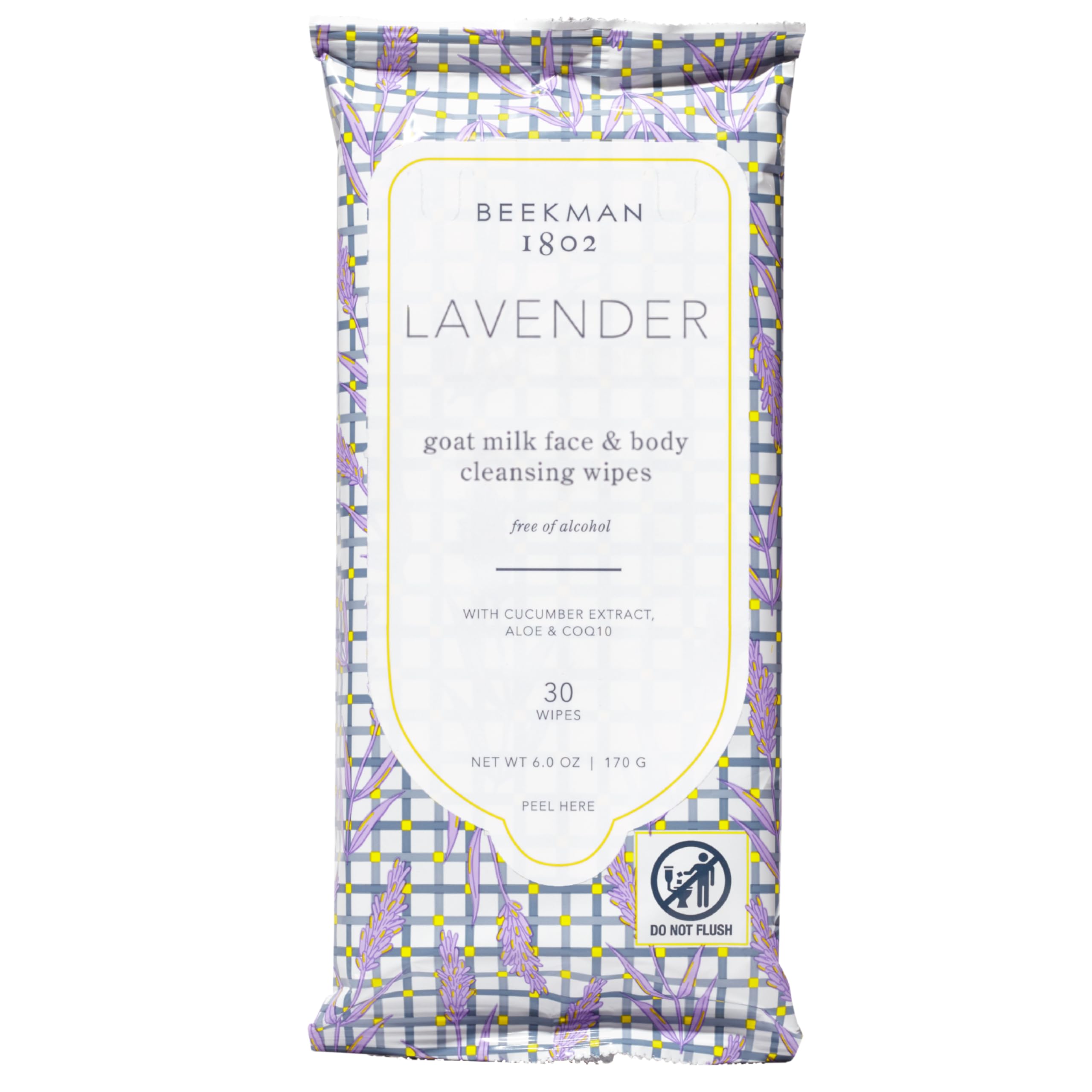 Beekman 1802 lavender face wipes packaging for on-the-go cleansing and refreshment