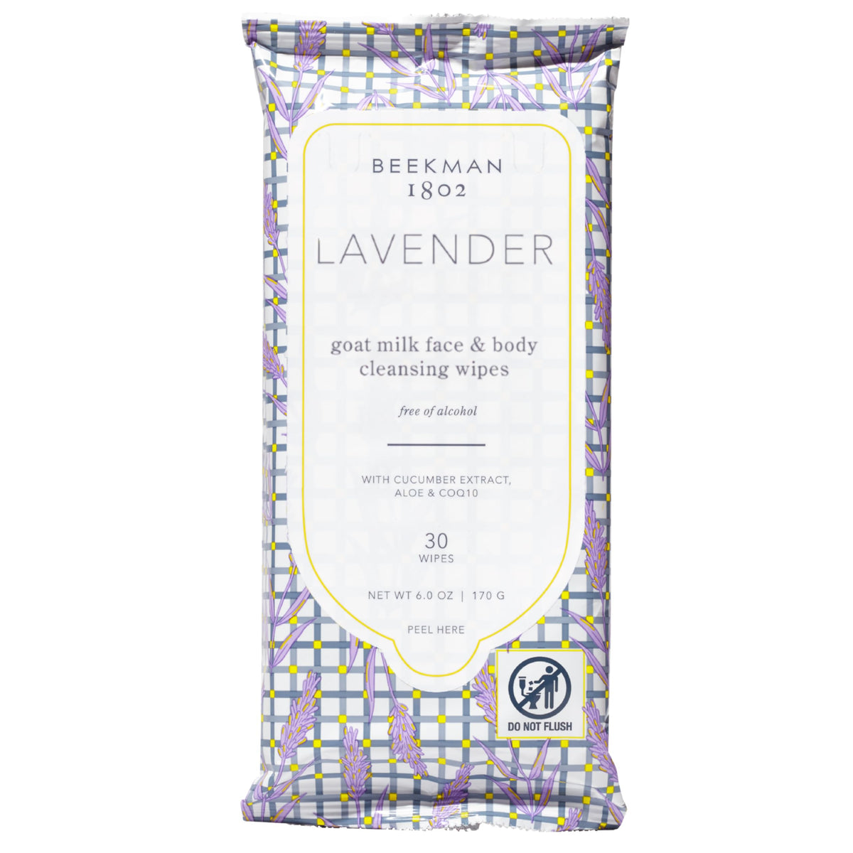 Beekman 1802 lavender face wipes packaging for on-the-go cleansing and refreshment