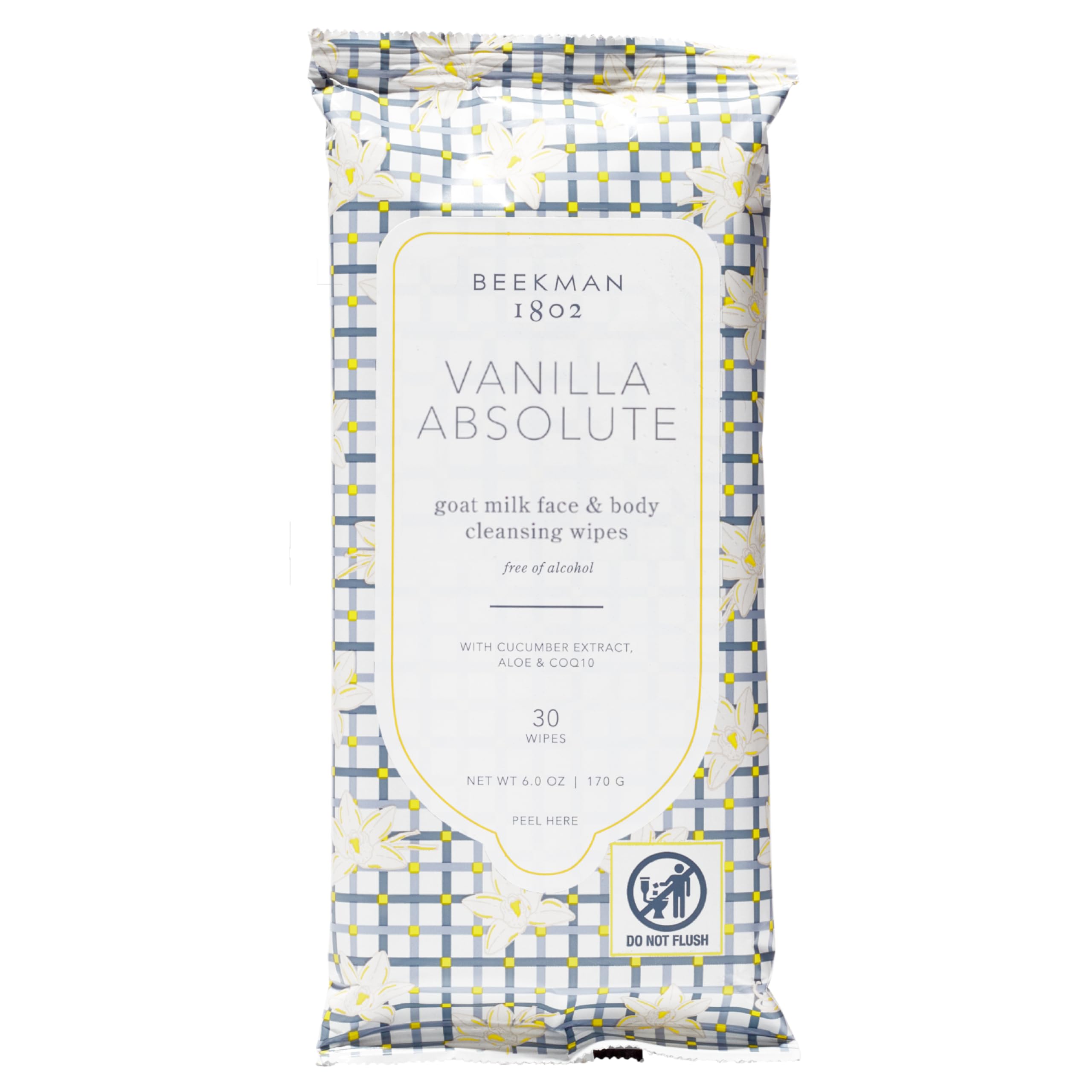 Beekman 1802 Face Wipes Vanilla Absolute pack shot for convenient cleansing on the go.