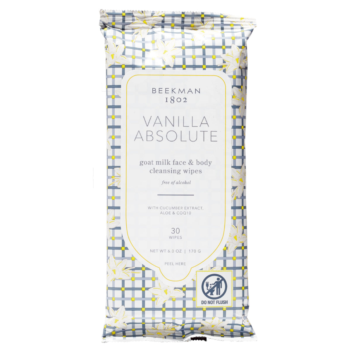 Beekman 1802 Face Wipes Vanilla Absolute pack shot for convenient cleansing on the go.