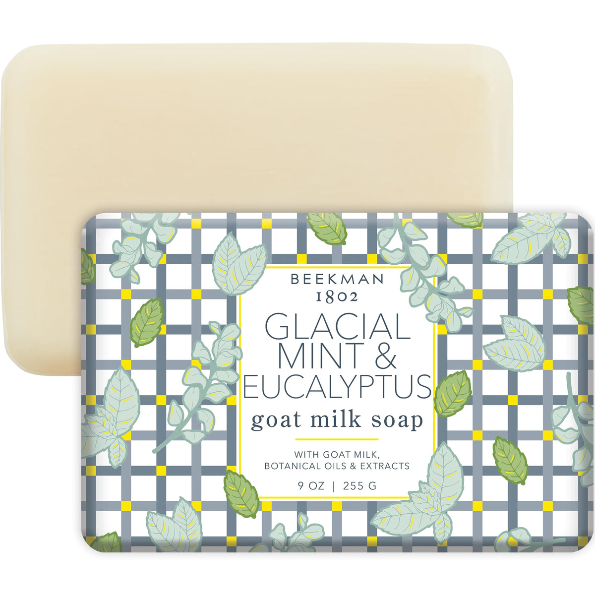 Beekman 1802 glacial mint eucalyptus soap bar shows gentle cleansing with goat-milk nourishment