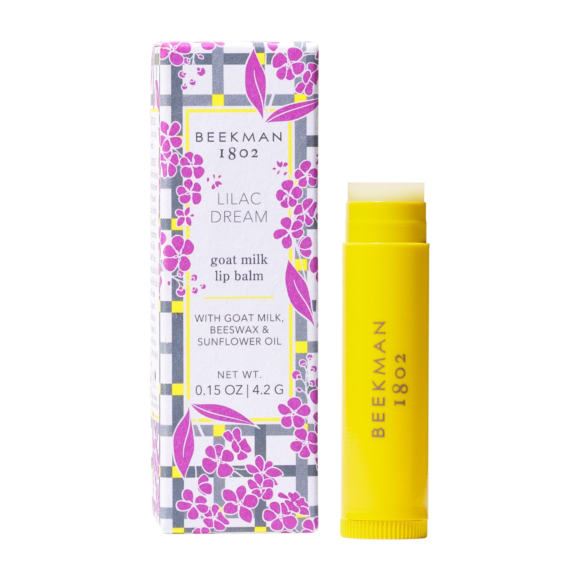 Beekman 1802 Lilac Dream Lip Balm tube close-up showing lasting hydration.