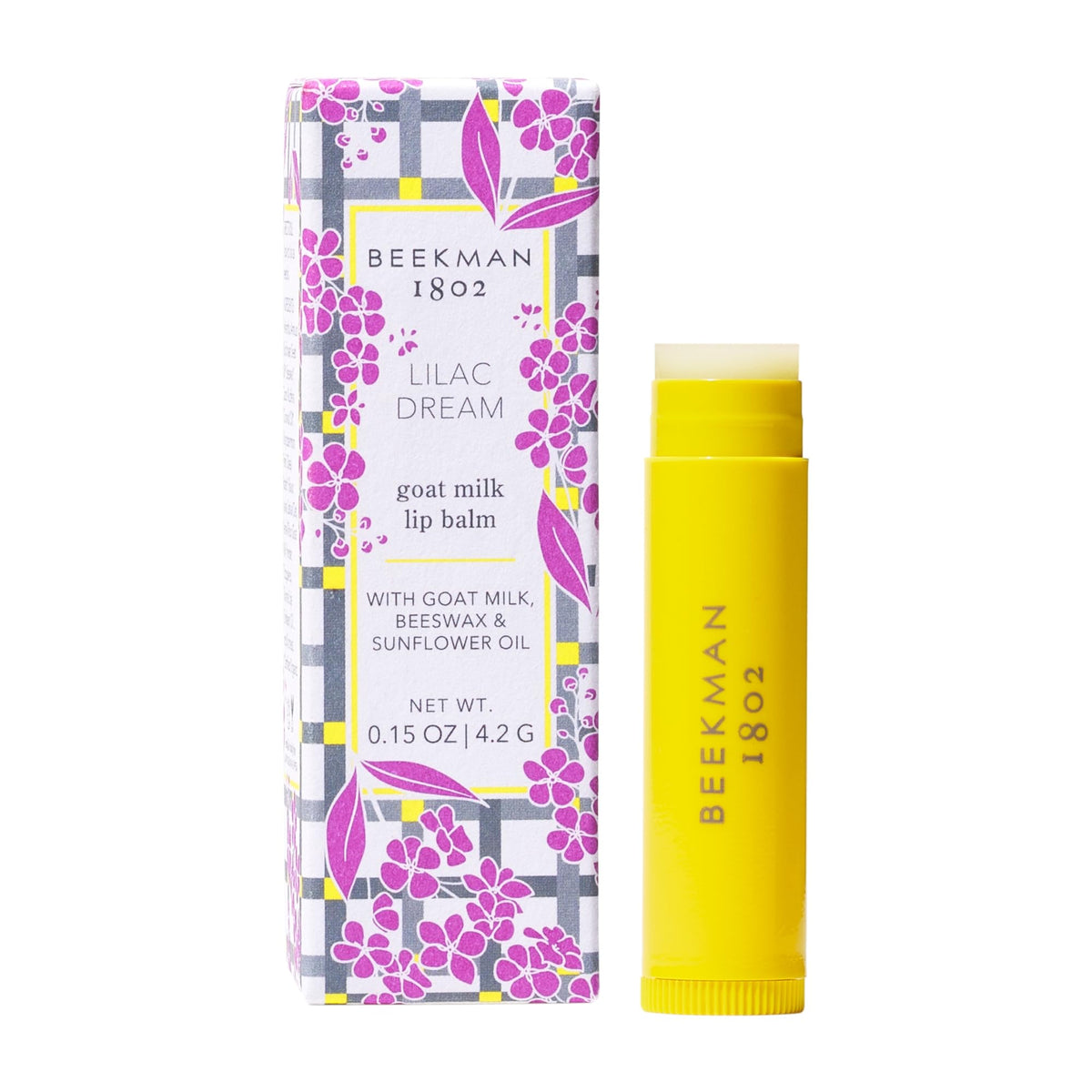 Beekman 1802 Lilac Dream Lip Balm tube close-up showing lasting hydration.