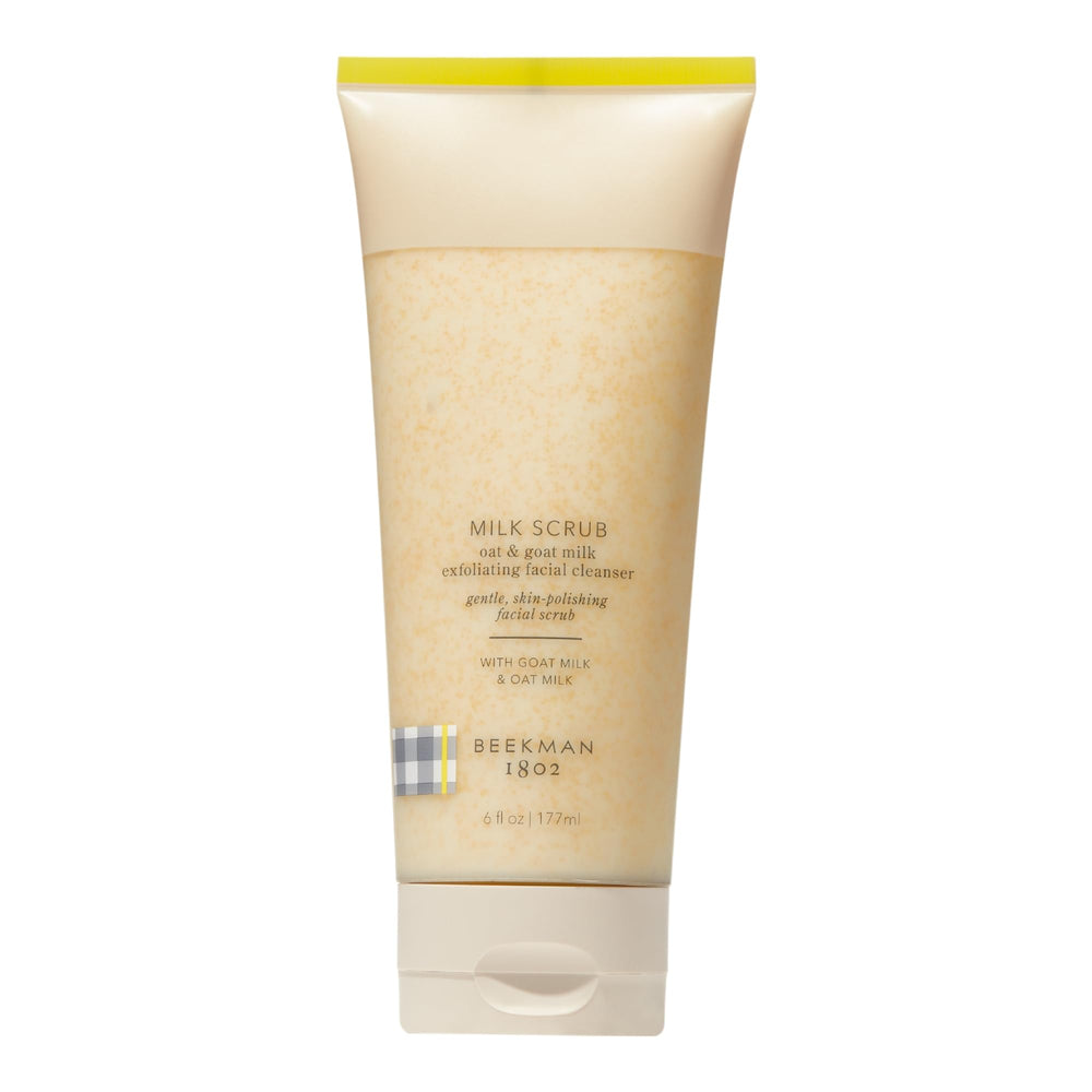 Beekman 1802 oat-goat-milk-scrub jar closeup for gentle exfoliation.