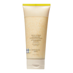 Beekman 1802 oat-goat-milk-scrub jar closeup for gentle exfoliation.