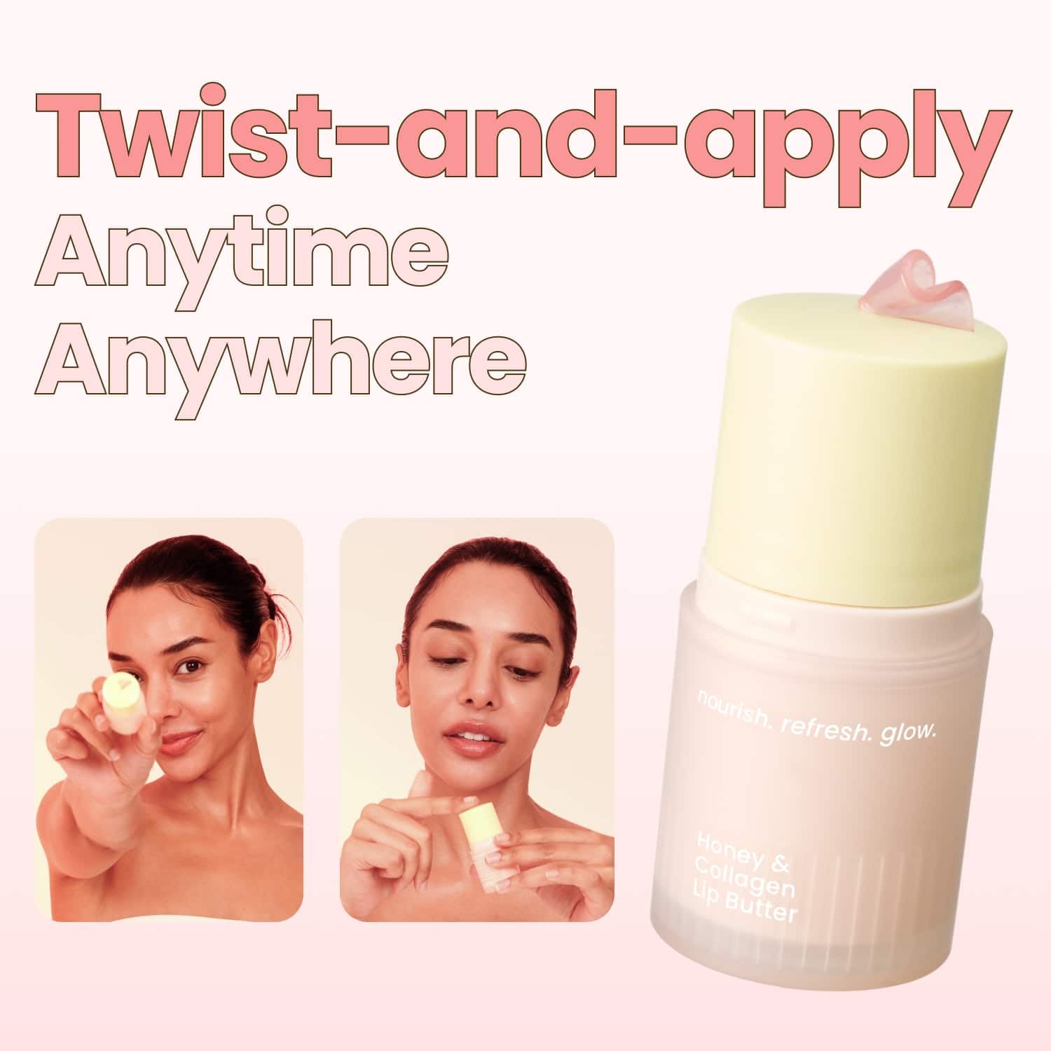 beenuvo Lip Butter twist-dial dispense demonstrates easy application