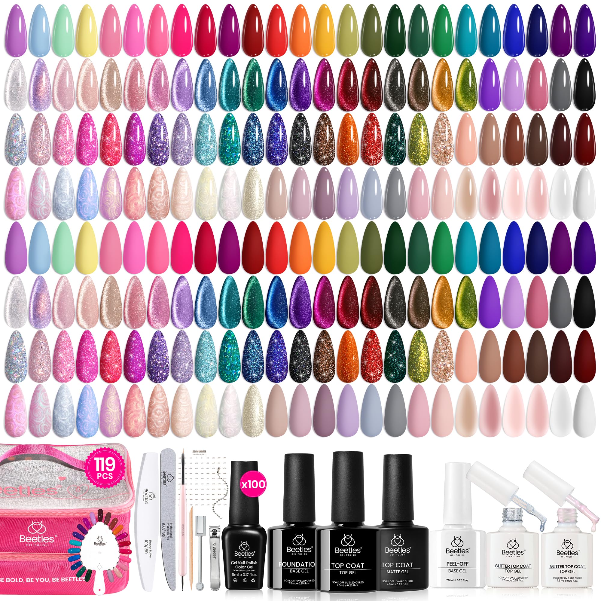 Beetles 100 Colors Gel Nail Polish Set swatch displays seasonal shades for versatile nail art.