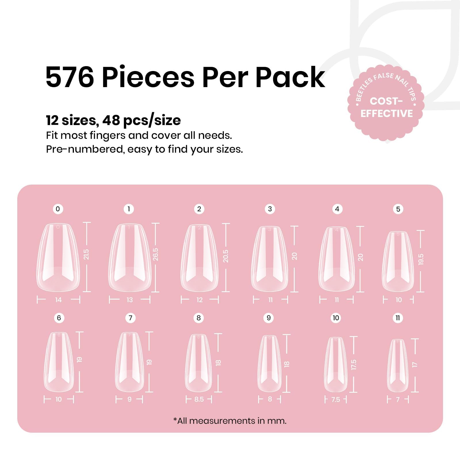 Beetles PMMA nail tips in 12 sizes deliver durable extensions for everyday wear.