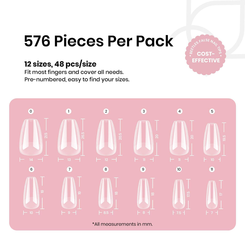 Beetles PMMA nail tips in 12 sizes deliver durable extensions for everyday wear.