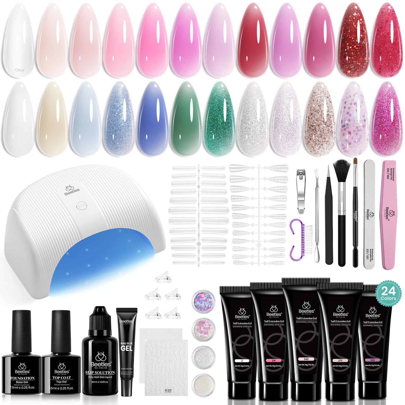 Beetles 24 colors poly extension gel nail kit at home manicure setup for DIY color perfection.