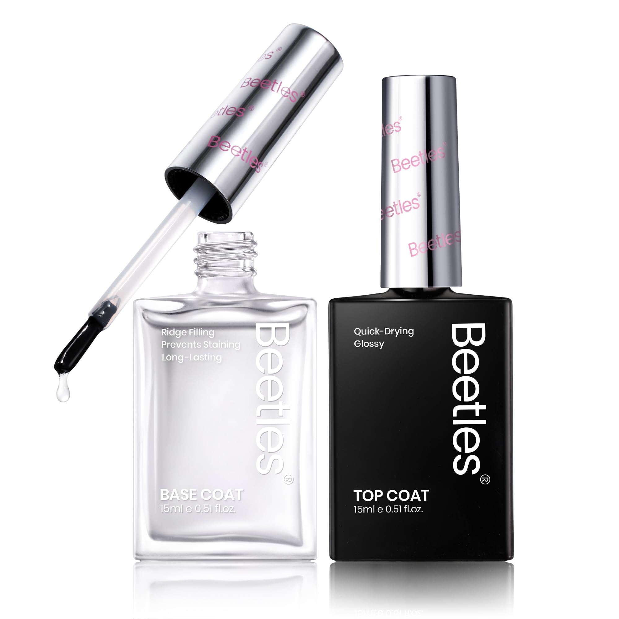 Beetles Gel Polish 2Pcs base and top coat set closeup showing clear gloss.