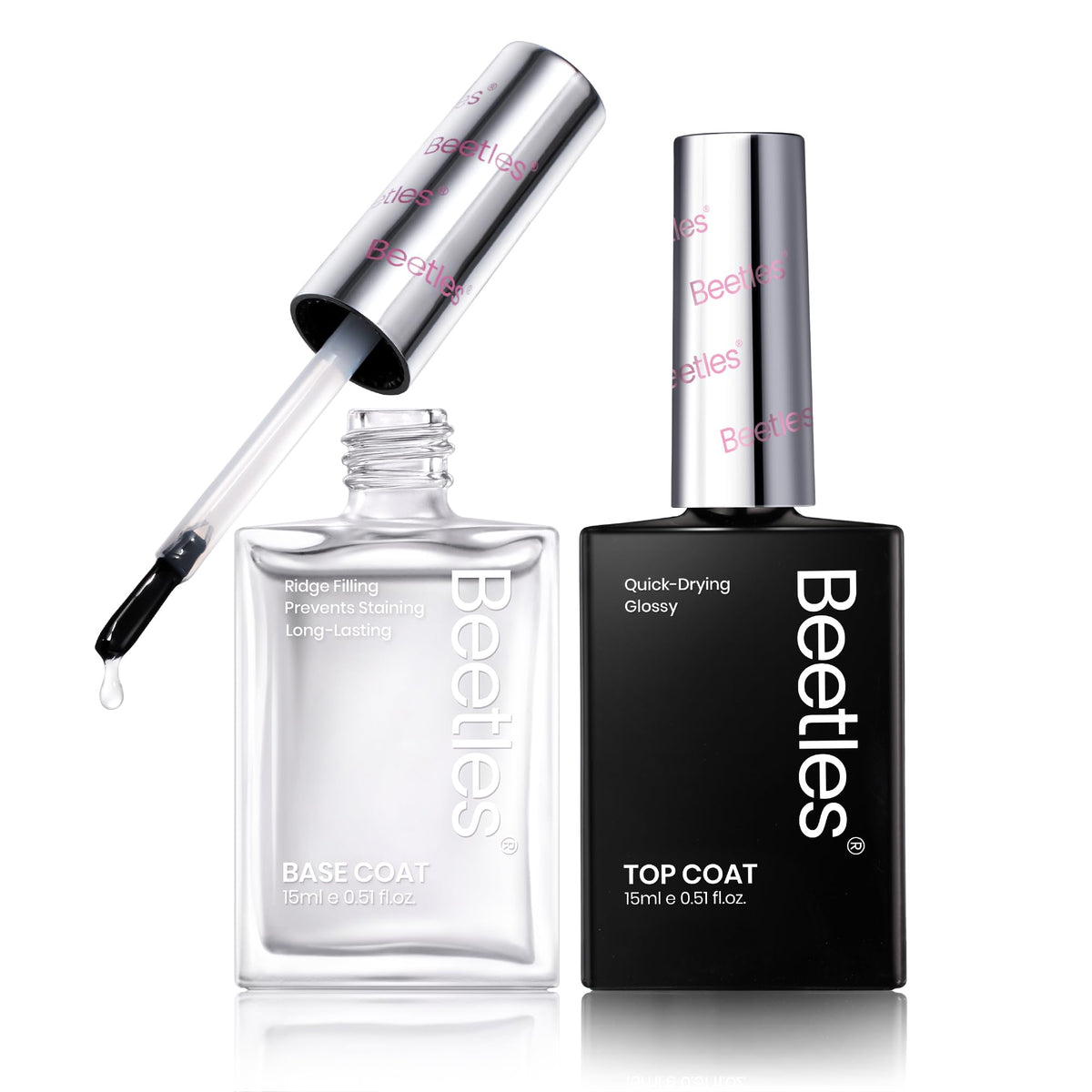 Beetles Gel Polish 2Pcs base and top coat set closeup showing clear gloss.