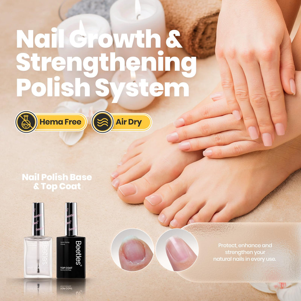 Beetles 2Pcs 15ml base and top coat set on display highlighting fast-dry formula.