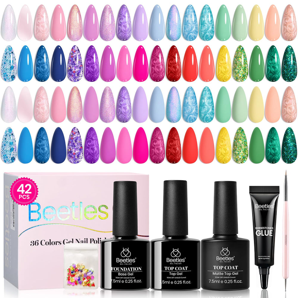 Beetles 42-piece set packaging displays wide color range for easy color selection