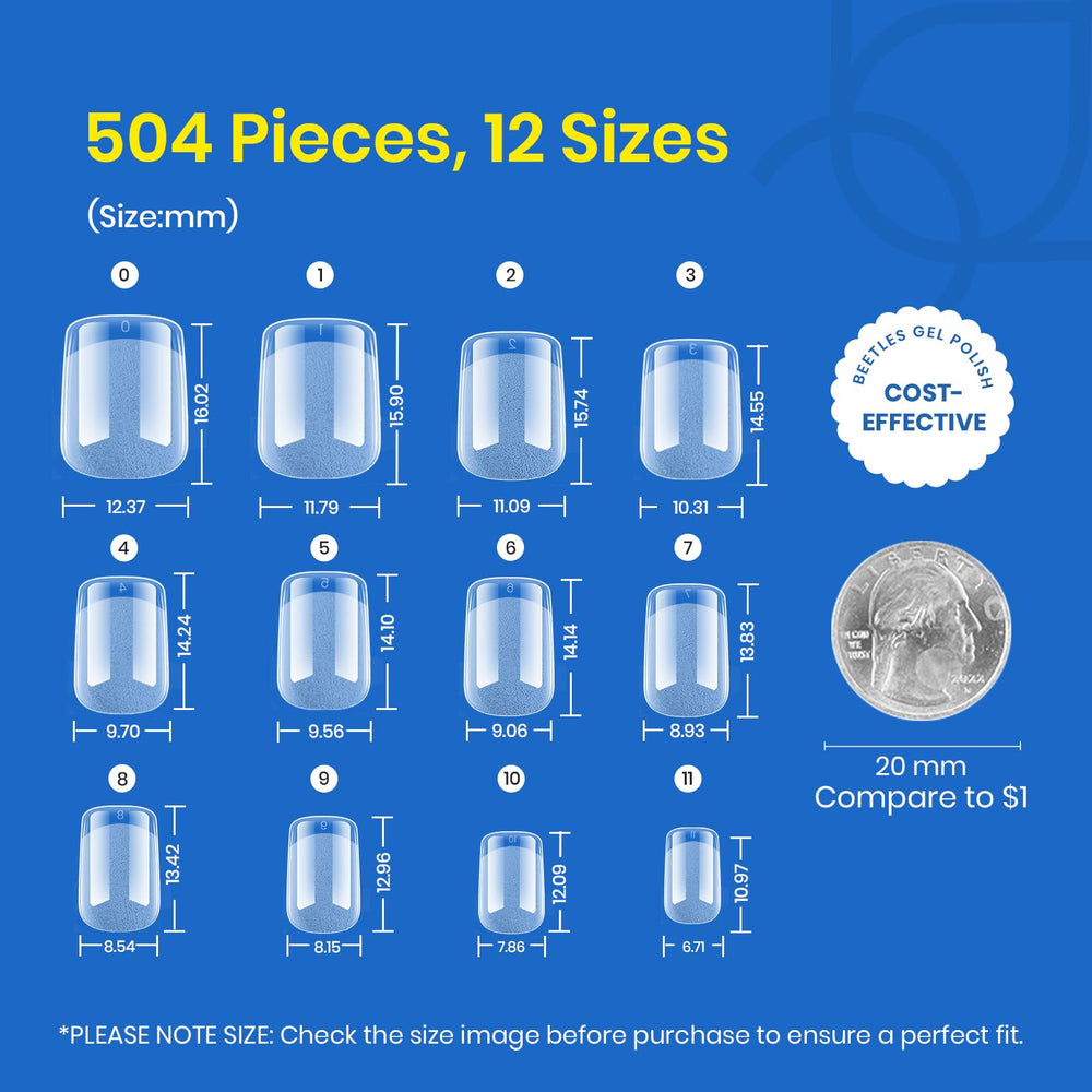 Beetles 504Pcs XS Short Square Nail Tips closeup shows breathable, lightweight material.