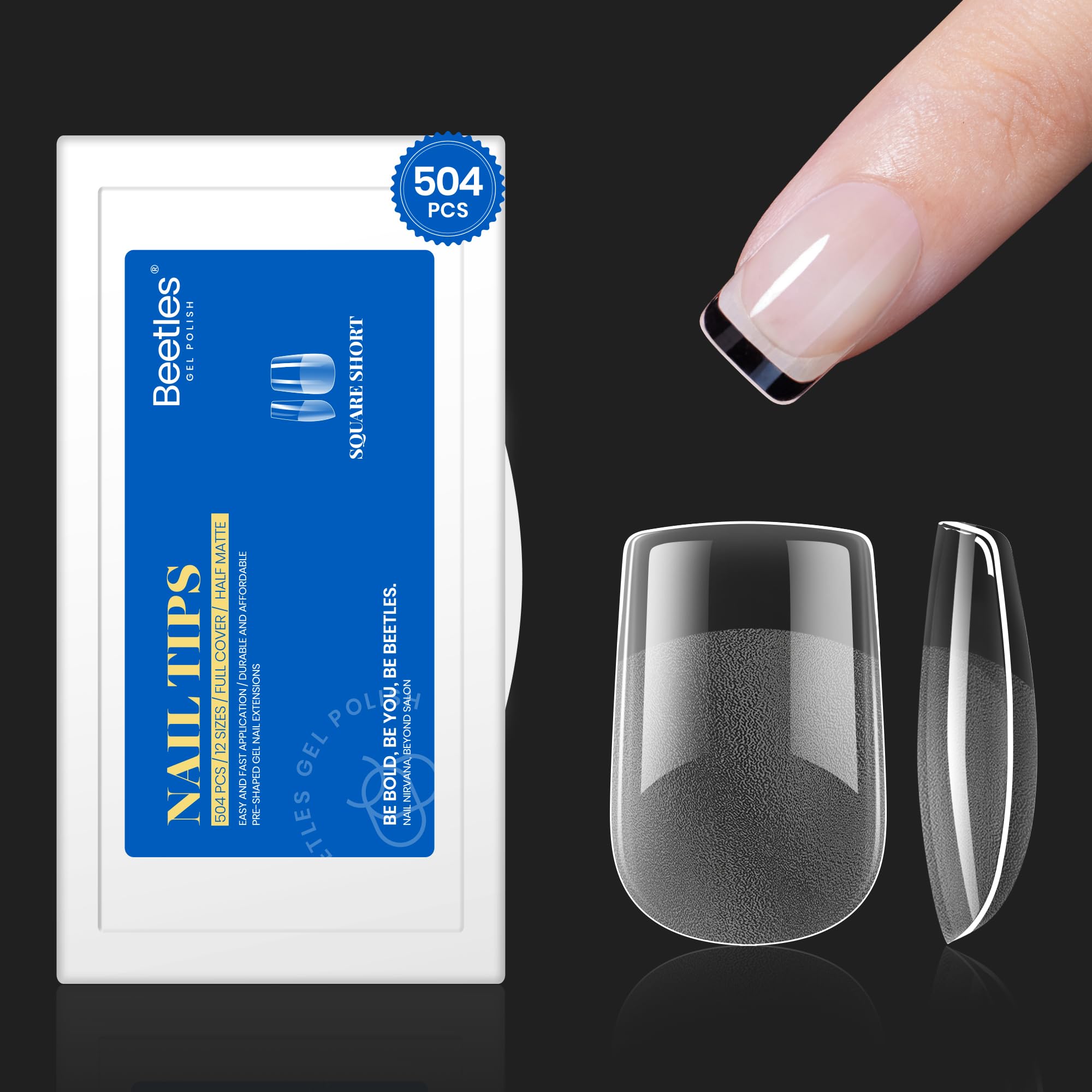 Beetles 504Pcs XS Short Square Nail Tips package shows versatile sizes for precise DIY manicure.