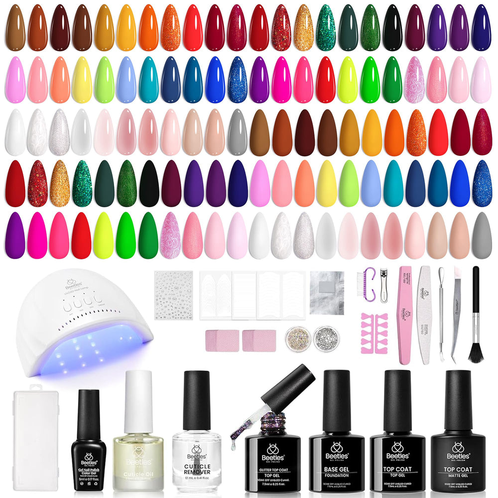 Beetles 85-pcs gel nail polish kit color palettes support versatile at-home manicures.