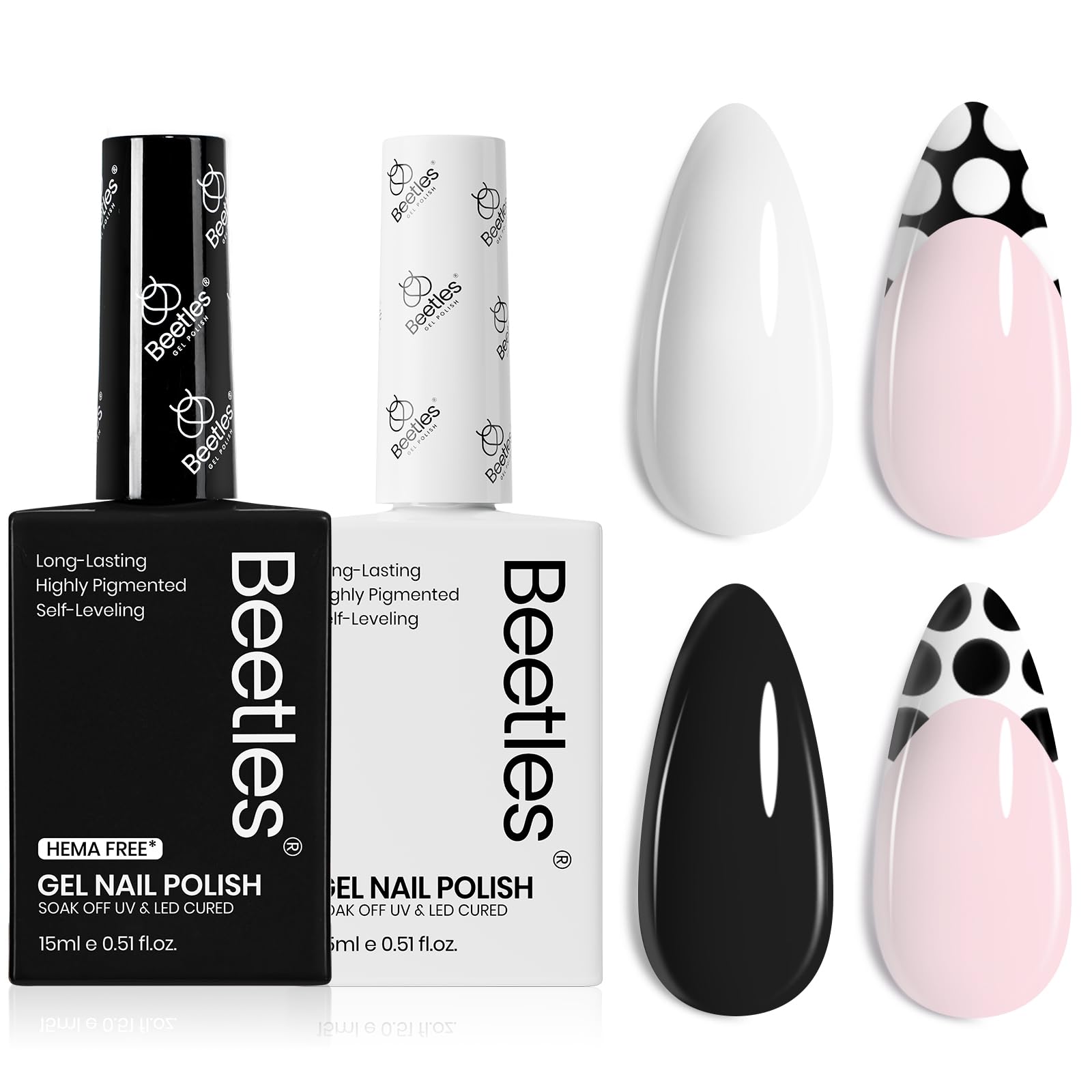 Beetles Black and White Gel Polish set close-up swatches aid shade matching.