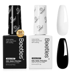Beetles black-white gel nail polish kit packaging shows organized colors for easy selection.