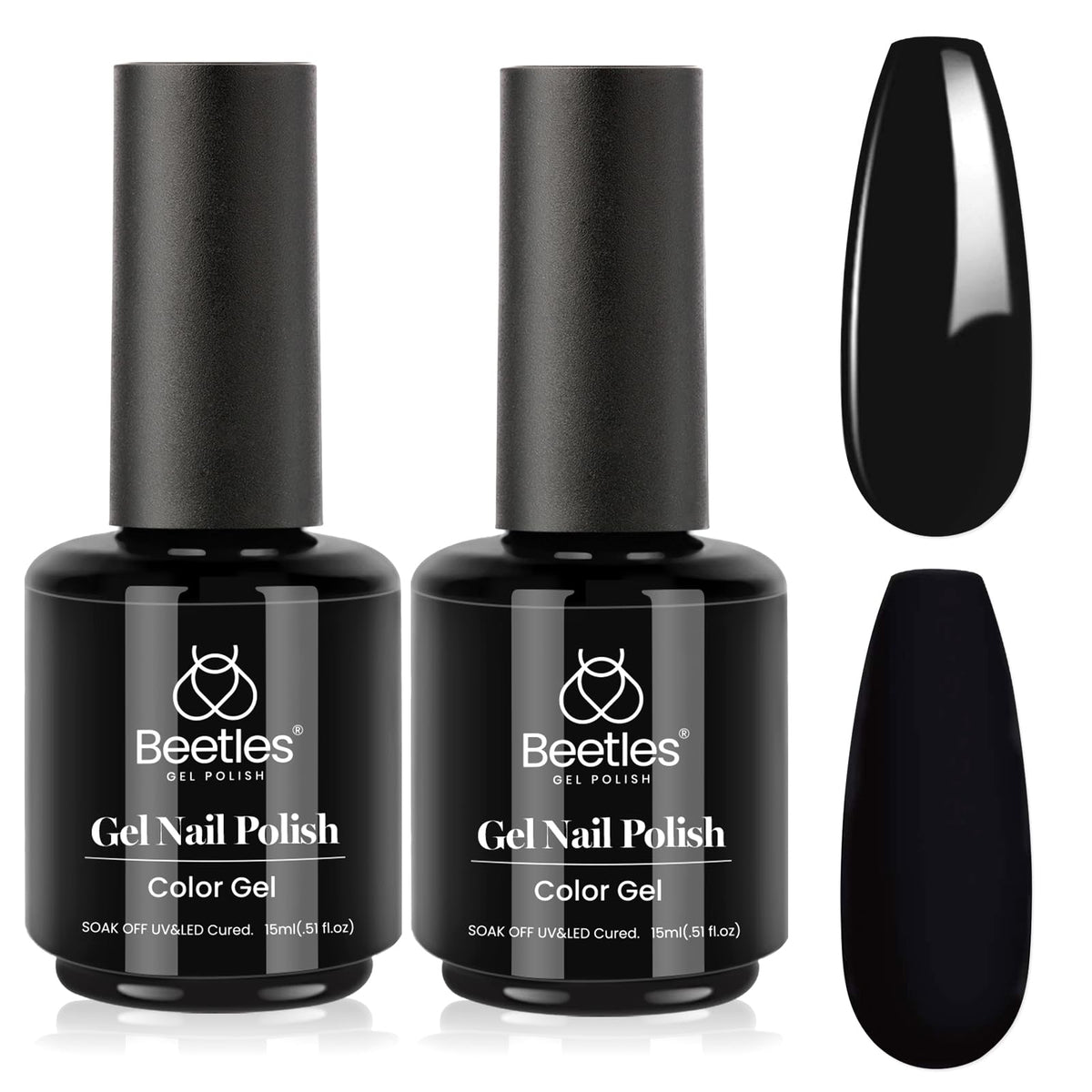 Beetles Black Winter Gel Polish 2Pcs pack shows two glossy black bottles for long wear.