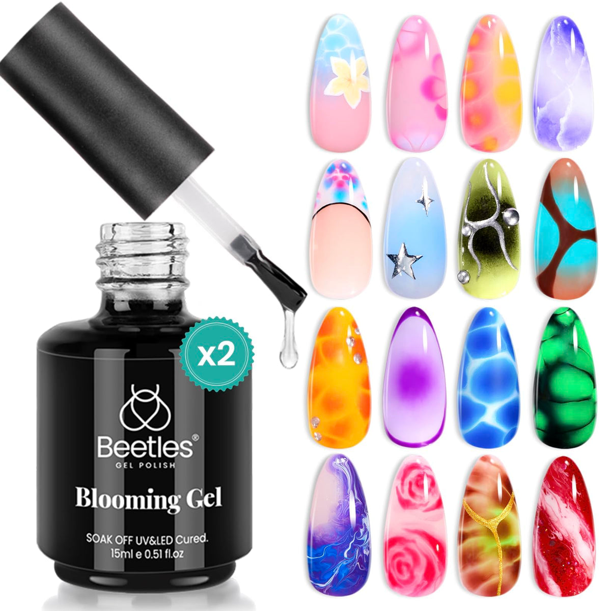 Beetles Blooming Gel clear 2pc 15ml packaging—perfect gift-ready nail art kit.